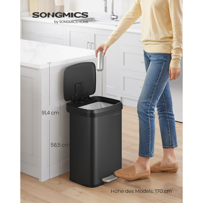 Відро для сміття SONGMICS кухонне педальне, металеве, 50 л, срібно-чорне LTB520E68