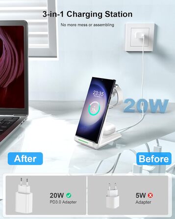 Бездротова зарядна станція NANAMI 3-в-1 для Samsung Galaxy Watch 7/6/5/4, Buds, S26/S25/S24/S22/Z Flip/Fold, Note 20 - Біла