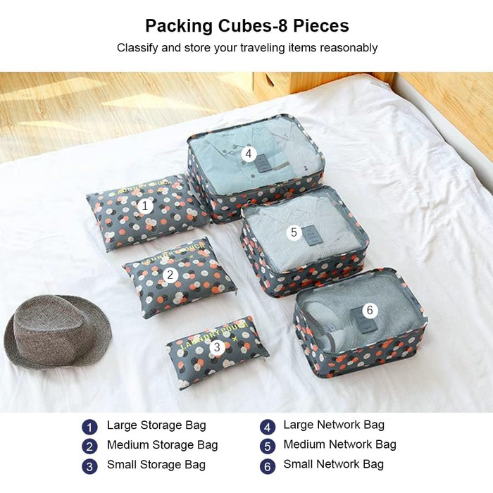 Органайзер для валізи Vicloon, набір 8/6 шт. - сумки-органайзери для подорожей, аксесуари для валізи, чохли для взуття, косметичні сумки, блакитний з квітковим принтом
