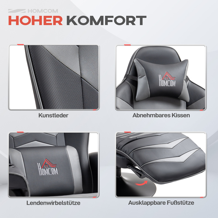 HOMCOM Gaming Chair with Massage Function, Reclining Backrest, Footrest, Supports up to 120 kg, Steel Frame, Faux Leather, Grey