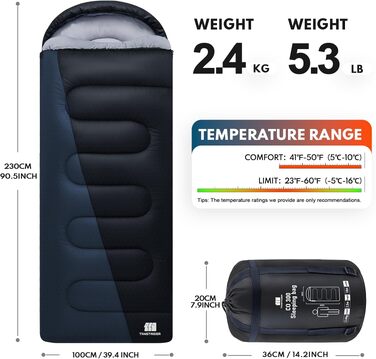 Зимовий спальний мішок 0°C XXL для дорослих, теплий кемпінговий спальник з компресійним мішком для походів, мисливства та подорожей, синій (2.4 кг)