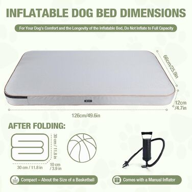 Надувне лежак для собак Lekereise Outdoor, 126x66x12 см, сірий, для собак середніх та маленьких порід, знімний та пральний чохол, для відпочинку в подорожах та на вулиці
