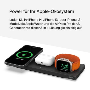 Belkin MagSafe Зарядний пристрій 3-в-1 бездротовий, сертифікований MFi, для iPhone 16/15/14/13/12, Apple Watch (всі моделі), AirPods (3/2/Pro) - Чорний