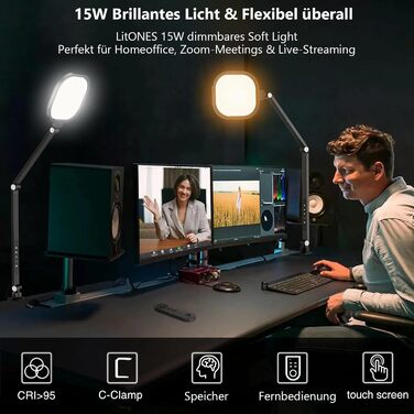 Світлодіодна лампа настільна з регулюванням яскравості, захистом для очей, 3 режими кольору, сенсорне керування, пам'ять, 15W, поворотний кріплення, чорний колір, 1 шт.