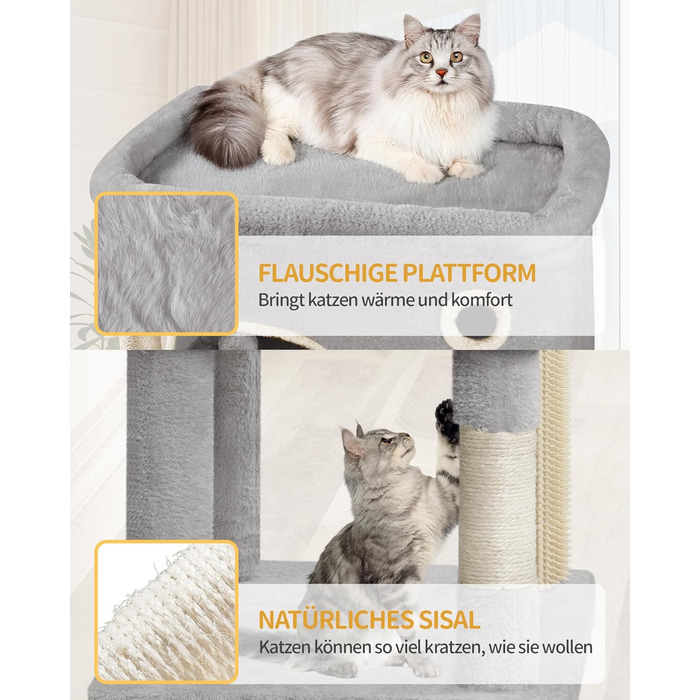 Когтеточка для котів Hzuaneri XXL (203 см) з великою платформою, 2 печери, 7 стовпчиків, помпонами, лежаками та гамаком. Підходить для всіх порід котів. MS20318YL (Світло-сірий)