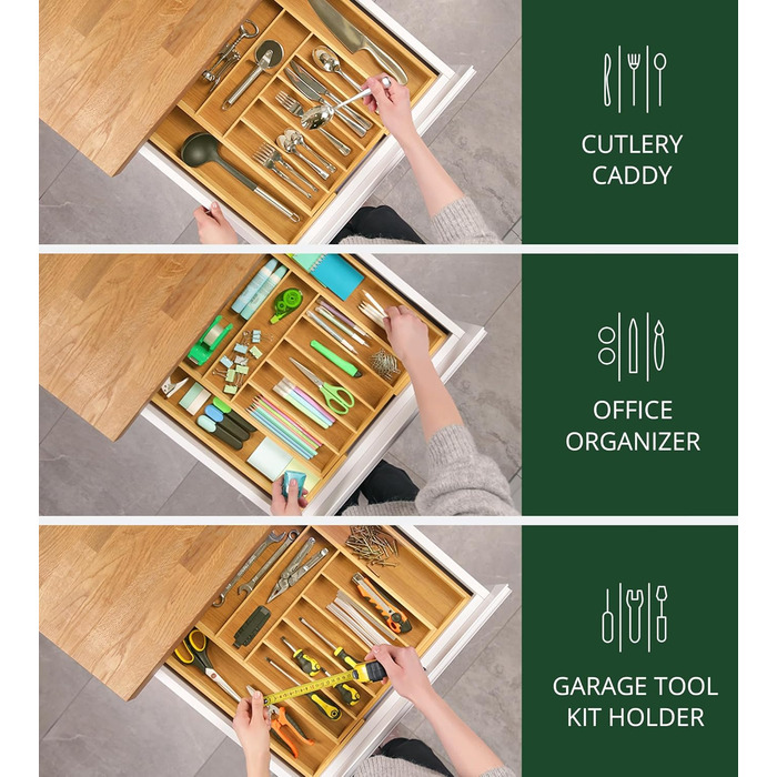 Органайзер для кухонних ящиків з бамбука – тримач для столових приборів та кухонного начиння (9 відділень, натуральний колір)