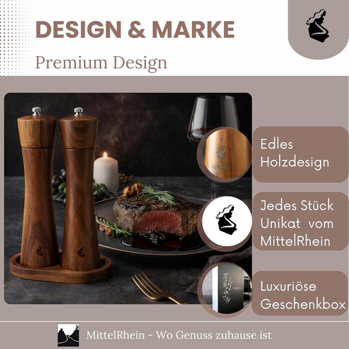 Дерев'яна мельниця для солі та перцю LORELEY® Mittelrhein Germany з керамічним жорном – з підставкою та пензлем – подарункова упаковка. Ідеальний подарунок на весілля або новосілля (Luxury Holz)