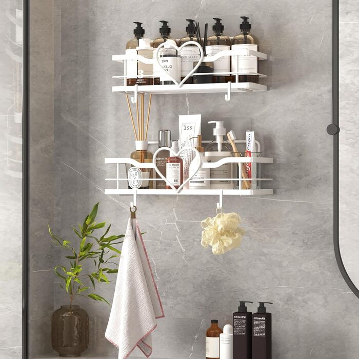 Двосекційна поличка для душу без свердління з 4 гачками, органайзер для шампуню та мила, поличка для ванної кімнати (11.5 см, білий)