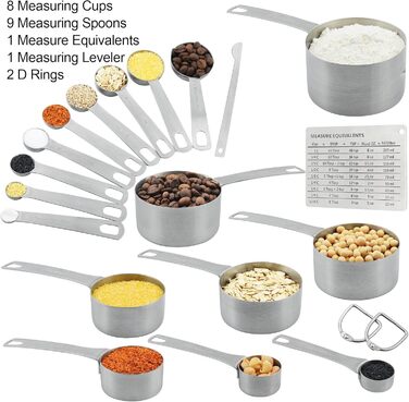 Measuring Cup and Spoon Set, 18/8 Stainless Steel - 8 Measuring Cups and 9 Measuring Spoons with Leveler and Measuring Equivalents, Kitchen and Baking Measuring Cups and Spoons 19-Piece Set