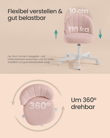 Офісний стілець SONGMICS для дому, рожевий, з м'якою оббивкою з флісу, регульована висота, для спальні, робочого кабінету, гардеробної