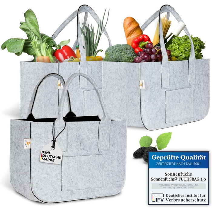 FUCHSBAG 2.0 [Large 3-Piece Set XXL] Universal Shopping Bags. 2x Large Felt Bags, 1x Small Felt Bag. Perfectly suited as a shopping basket. A real eye-catcher that safely carries the contents.