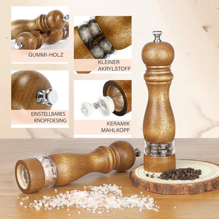 Набір для солі та перцю Jepsen: ручні млини з дерева, наповнювані, з регульованим керамічним ядром, 2 шт.