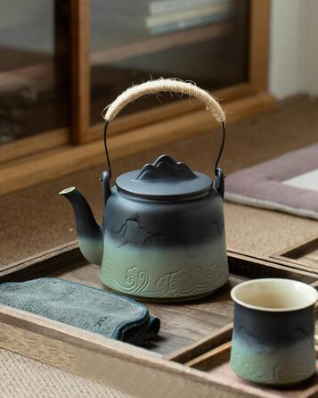 ZENS Design Japanese Teapot, 1000ml Gradient Embossed Japanese Teapot Ceramic with Built-in Strainer and Hemp Rope Handle for Loose Tea Steeper, Gift for Tea Lovers, Black & Bean Green