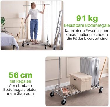HOKEEPER Clothes Rack with Shelves, 450 kg Capacity, Rolling Clothes Rack, Portable Clothes Rack for Hanging, Chrome
