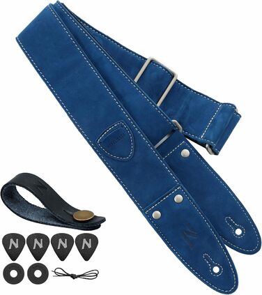 Гітарний ремінь Nefelibata з повного нубуку, 2' з кишенею для медіатора, для бас-, електро- та акустичної гітари, з медіаторами, кнопками та застібками (Star Black) (B#-haze Blue)