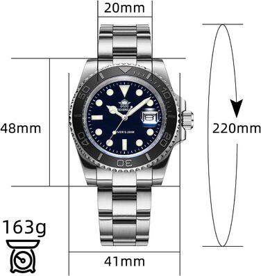 Годинник чоловічий ADDIESDIVE з кварцовим механізмом, аналоговий, водостійкий 20bar, з нержавіючої сталі, великий, зі світловідбиваючим покриттям (морський блакитний)