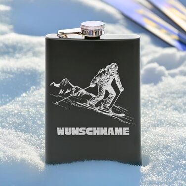 Фляга з нержавіючої сталі Flanacom з гравіюванням, 227мл / 8oz, для скі-гонщиків, персоналізована гравіюванням (дизайн 4, чорний)