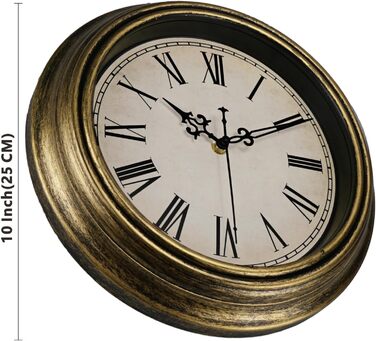 DIYZON Round Classic Wall Clock, Silent No Ticking, 40 cm High-Quality Quartz Vintage Clock, Large Numbers Retro Decorative Clock, Battery Operated, Easy to Read for Home, Kitchen, Dining Room (Gold, 25CM)