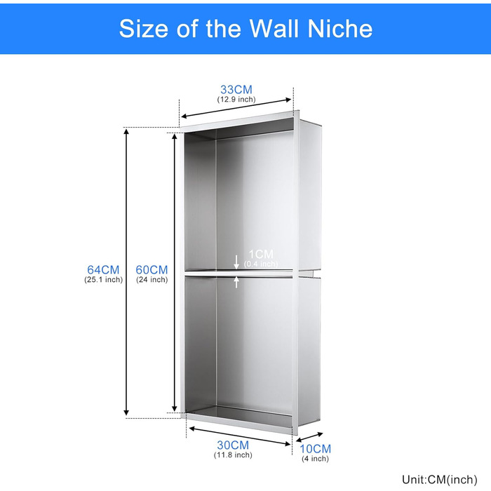 KINKIBOS Recessed Shower Niche, Stainless Steel, No Tiles Required, Built-in Shower Niche 60 x 30 x 10 cm, Shower Niche with Double Shelf Storage
