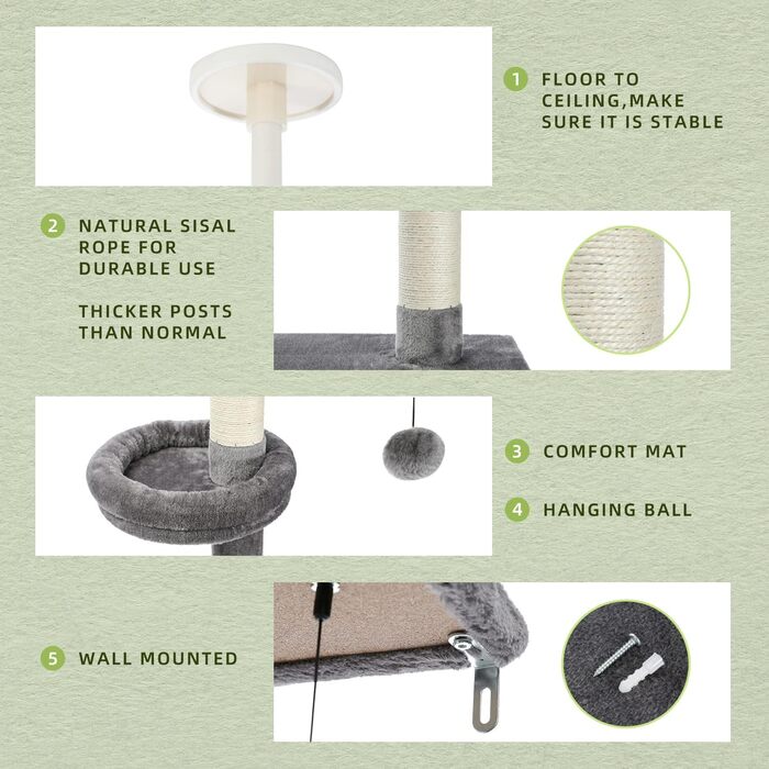 Комплекс для котів PAWZ Road, 5-ярусний, від підлоги до стелі, регульована висота, багатофункціональний: кігтеточка, ліжко, іграшка-кулька (сірий)