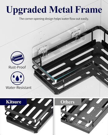 Поличка для душу Kitsure без свердління – 2 шт. Стабільне душове решітка без свердління з швидким стоком, нержавіючою статтю та міцним клейким кріпленням для ванної кімнати, 22,0 x 22,0 x 5,0 см, Чорний