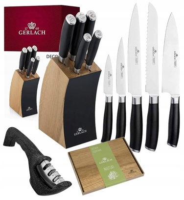 Набір ножів Gerlach Deco Black (5 предметів) у дерев'яному блоці з дощекою та точилом