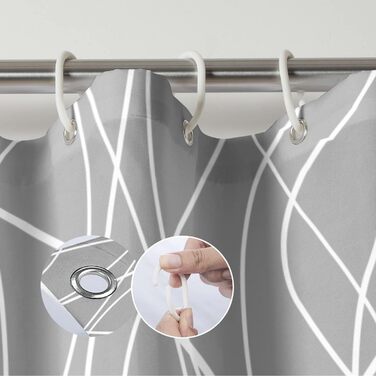 Шторка для душу M&W Design з поліестеру, з лініями, антигрибкова, водовідштовхувальна, з 12 C-кільцями, з обтяженим краєм, мінімалістичний дизайн, стійка до вицвітання, 180x200 см, білий (H200 x B180 см, упаковка 1 шт.), сірий