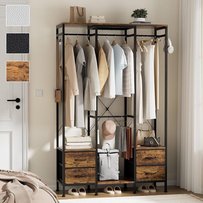 Шафа відкрита, вішалка для одягу, гардеробна стійка з 4 шухлядами, стійка для одягу, для спальні, вітальні, передпокою (rustic brown)