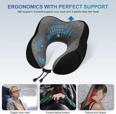 Подушка для шиї Eono з Memory Foam, ергономічна, для подорожей, з маскою для сну та навушниками, чорна