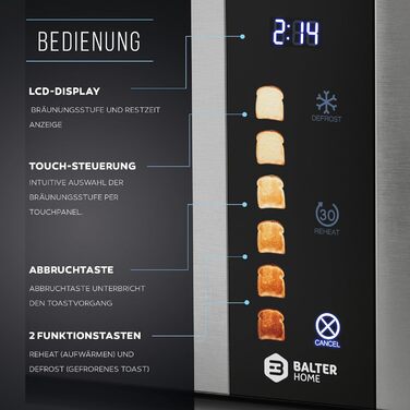 Тостер Balter 4-х секційний з сенсорним керуванням, нержавіюча сталь, підігрівач для бургерів, LCD дисплей, функція підігріву та центрування тостів