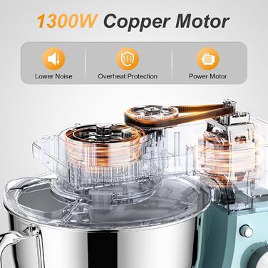 Кухонний комбайн-міксер 1300W з планетарним змішуванням, чаша 5.5л з нержавіючої сталі, 10 швидкостей, набір насадок та захист від бризок, Блакитний