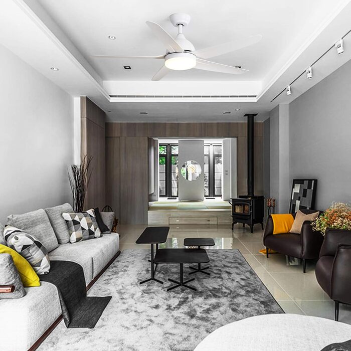 Стеляний вентилятор FINXIN з LED-лампою 132/122 см для спальні, вітальні, їдальні. Включає мотор, пульт керування (5 лопатей, білий)