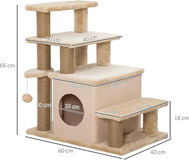 Сходинка для собак та котів PawHut з 3/4 ступенів, 66 см, з гніздом, м'ячиком, для середніх тварин, підходить для ліжка, дивану, бежевого кольору