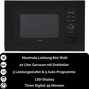 Мікрохвильова піч Wolkenstein WMW800-20GB: 800W, 20л, 6 рівнів потужності, 9 програм, розморожування, LED-дисплей, захист від дітей, чорний