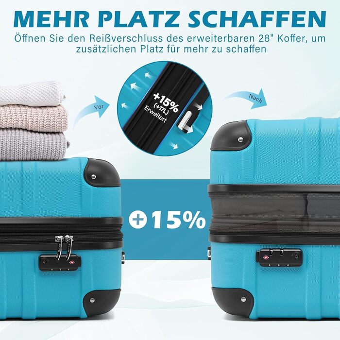 Валіза COOLIFE з жорстким корпусом, розширювана, з TSA-замком та 4 колесами, ABS, блакитно-зелений, ручна/великі розміри (набір 2 шт: M + L)