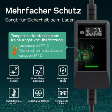 Кабель для зарядки електромобіля Type 2 Schuko з LCD дисплеєм, 3.7kW, 7м, 6-16A, 1-фазний, чорний