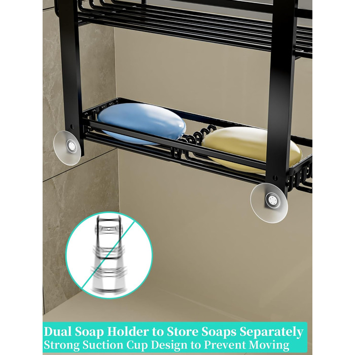 HapiRm Shower Shelf - Hanging Shower Rack Adjustable with 4 Shower Baskets, Shower Shelf No Drilling with Soap Dish and Hooks, Shower Shelf Over the Door Glass Wall & Bathroom Door, Black