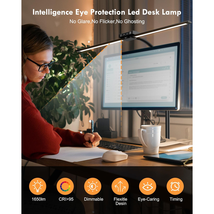 Світлодіодна лампа VUENICEE для столу з регулюванням яскравості та пультом дистанційного керування, 20W, кріплення-прищіпка, офісна лампа, 5 режимів кольору та яскравості, гнусий