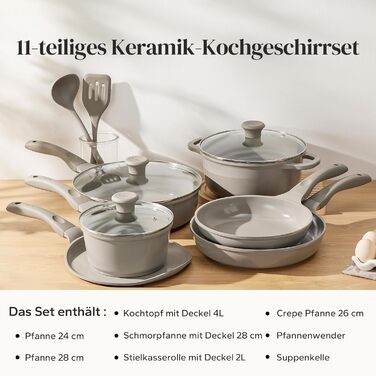 Набір посуду Redchef: 11-ти частинний набір каструль та сковорідок з керамічним покриттям, індукційний, PTFE-free, PFAS-free, для всіх типів плит, стійкий до миття в посудомийній машині (сірий)