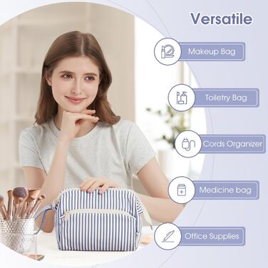 Косметичка жіноча Narwey для подорожей: велика, з широким відкриванням (сіро-блакитна смугаста)