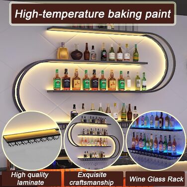 Настінна вітрина для вина, напівкругла багатоярусна з гачками для келихів, металева вітрина для винних пляшок, для кухні, бару, кафе (без лампочок) (Чорний, 120 * 20 * 120 см)