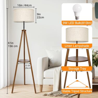 LED торшер OUTON з регулюванням яскравості, тринога, дерево, з полицею, пульт, 4 режими кольору, таймер 1 год, для вітальні, спальні, офісу (горіх, з сенсором)