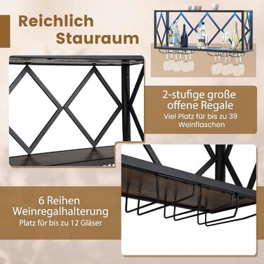 Стійка для вина COSTWAY з LED-підсвічуванням, 2 яруси, дерев'яний ящик з металевим каркасом, 6 рядів для келихів, індустріальний дизайн, для дому, бару, кухні та ресторану