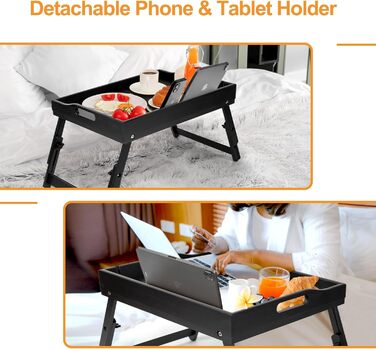 Бамбукове піднос-столик Greenual з ручками, складними ніжками, слотом для медіа, чорного кольору (2 шт.)