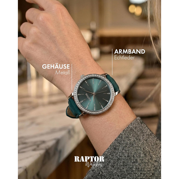Жіночий наручний годинник Raptor elegant з блискітками, сріблястий корпус та чорний шкіряний ремінець