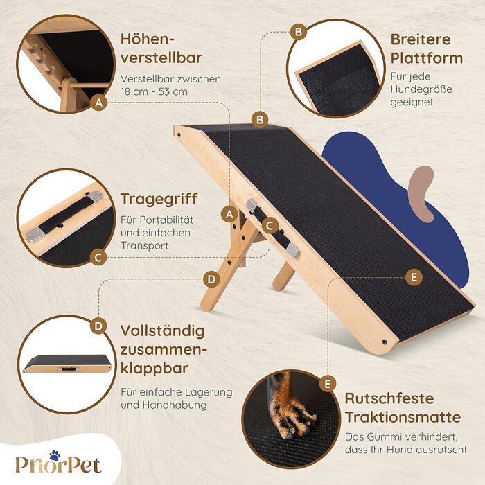 Рампа для собак Hunderampe: регульована дерев'яна пандус для собак маленьких та великих порід - 18-53 см, для ліжка/дивану, з антиковзким покриттям