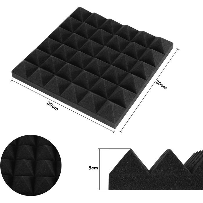 Акустичний поролон самоклейний Sonnewelt, 24 шт. (5x30x30 см), 3D пірамідні панелі для звукоізоляції та поглинання ехо в студію, офіс, чорний