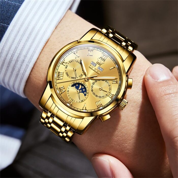 Чоловічий механічний годинник OLEVS 6692 з автопідзаводом, золотий корпус та браслет із нержавіючої сталі, функція місячної фази, календар, водонепроникний, люксовий бізнес-стиль