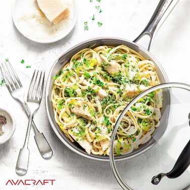 Сковорода AVACRAFT з нержавіючої сталі 18/10 Tri-Ply з кришкою, боковими виливами, зручною ручкою, сумісна з індукцією, 20 см