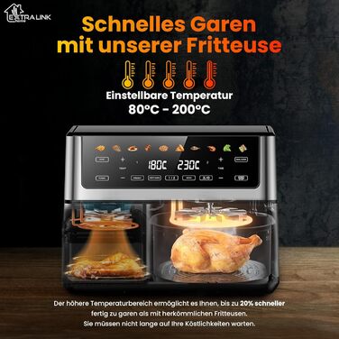 Фритюрниця Extralink 1400W з гарячим повітрям, 4.2L, 10 функцій приготування, LED-дисплей, економна, 90% менше жиру